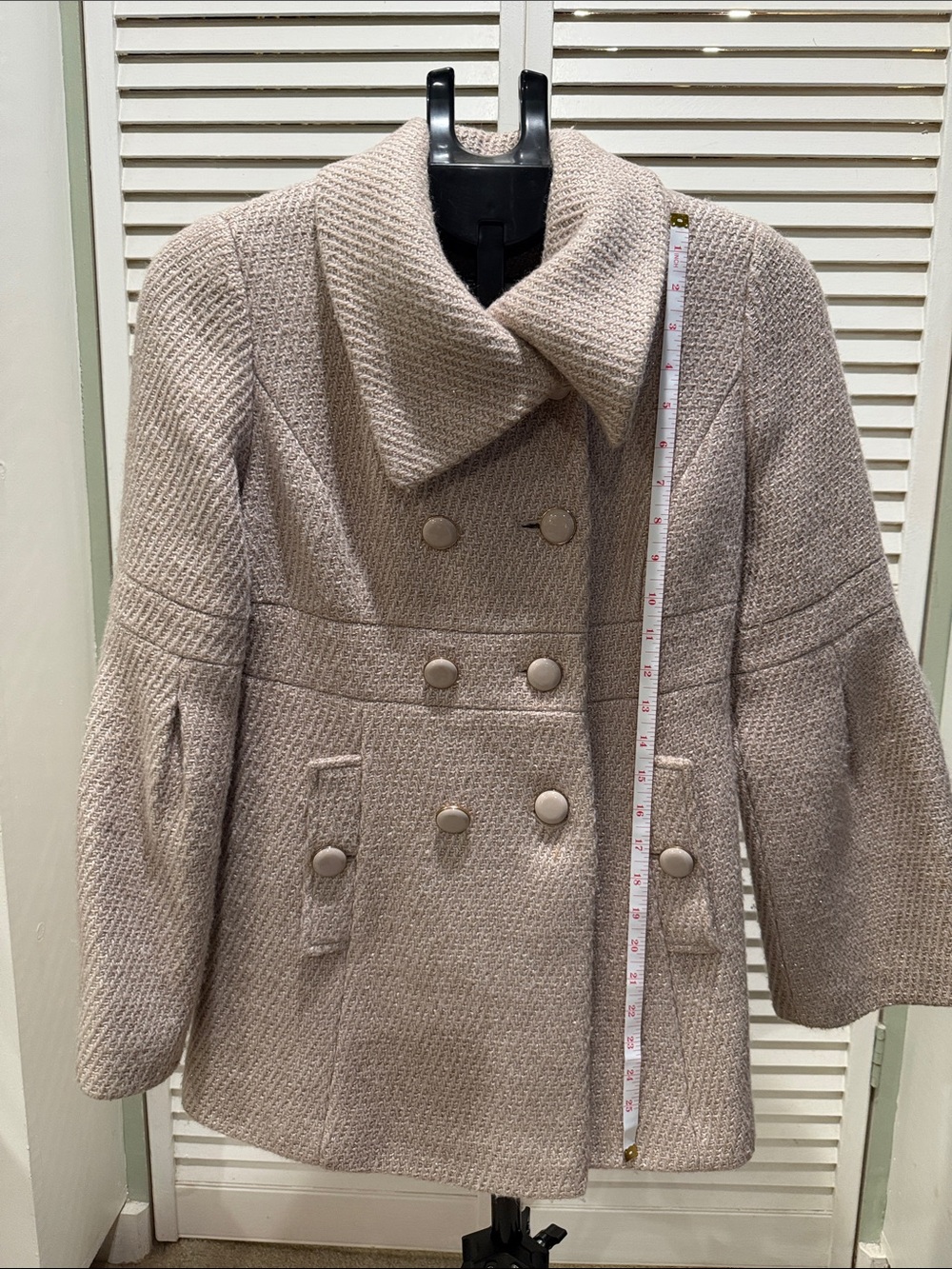 LOFT Cream /Gold Wool Double-Breasted Textured Pea Coat with Wide Collar